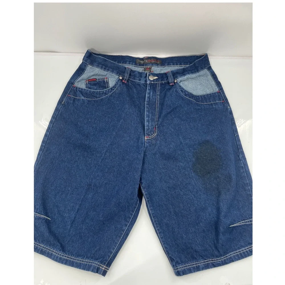 Vintage FUBU The Collection Baggy Denim Shorts Blue Red Stitching Mens 36 HipHop